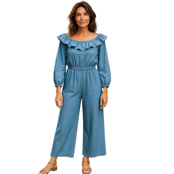 MICHAEL KORS Denim Chambray RUFFLE ON/OFF SHOULDER JUMPSUIT Small …Boho casual - Picture 4 of 15